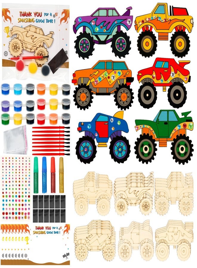 Bafeil Monster Truck Party Favors, 24 Pcs DIY Wooden Truck Painting Crafts Kit with Magnets, Car Birthday Party Supplies, Monster Trucks Party Decorations Goodie Bags Gifts Prizes Girls Boys - Image 1